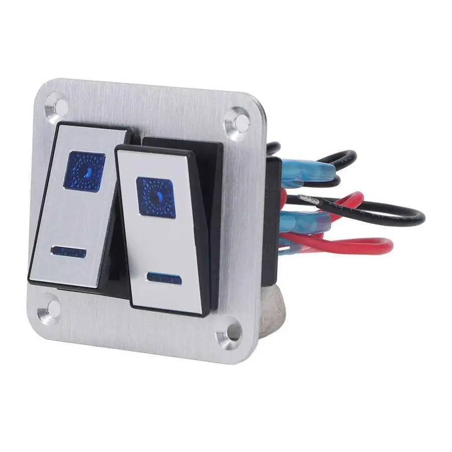 Rocker Switch Panel Blue LED Light 2 Gang On Off Switch Panel Pre Wired SPST Aluminum Alloy DC 12V-24V with DIY Sticker for rv