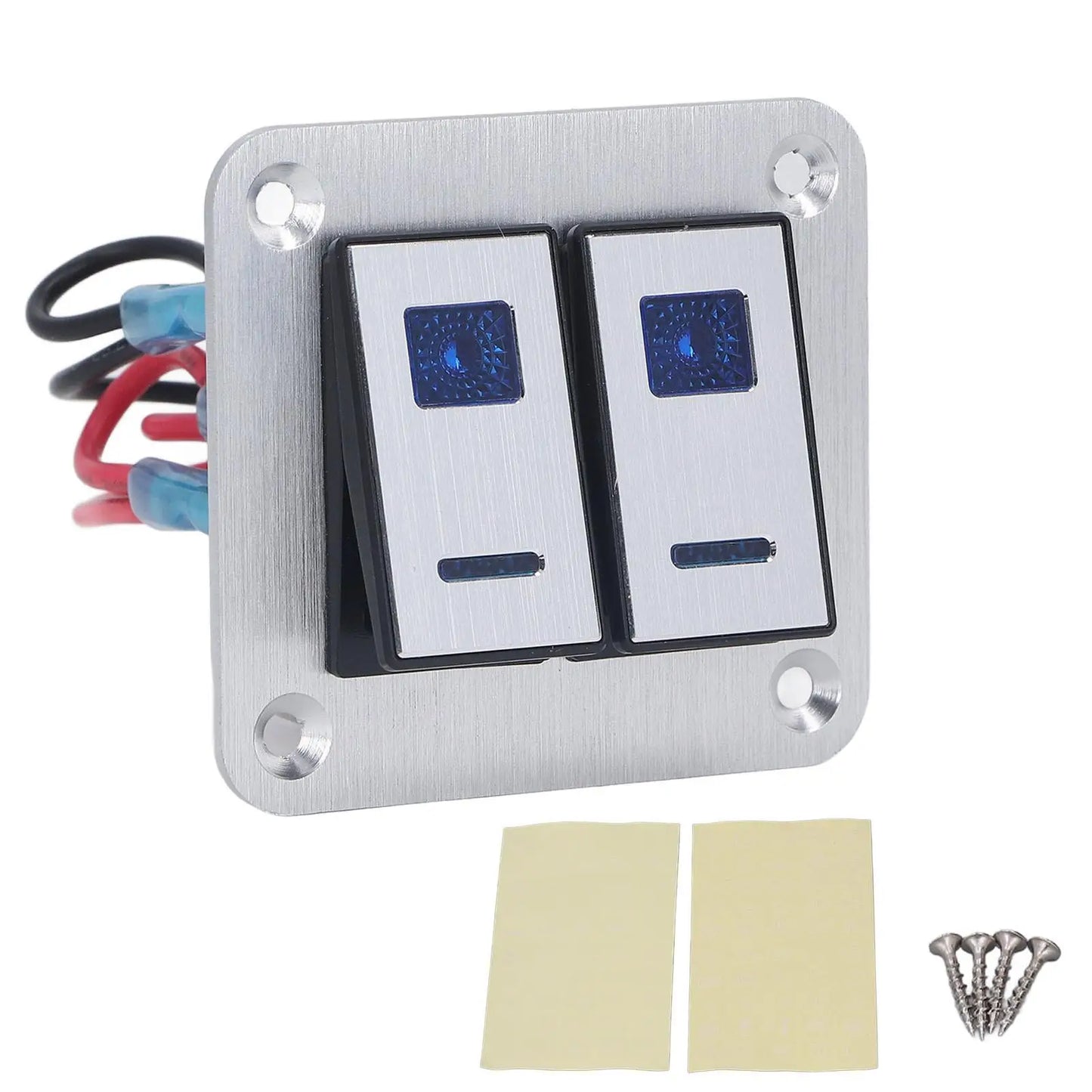 Rocker Switch Panel Blue LED Light 2 Gang On Off Switch Panel Pre Wired SPST Aluminum Alloy DC 12V-24V with DIY Sticker for rv