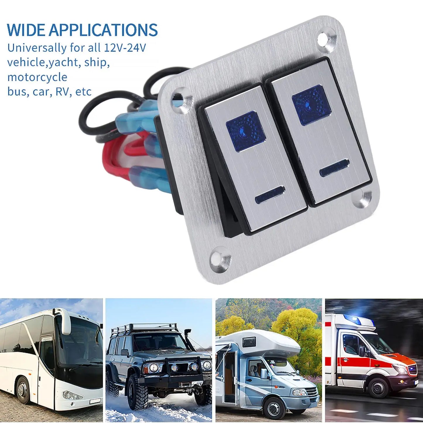 Rocker Switch Panel Blue LED Light 2 Gang On Off Switch Panel Pre Wired SPST Aluminum Alloy DC 12V-24V with DIY Sticker for rv