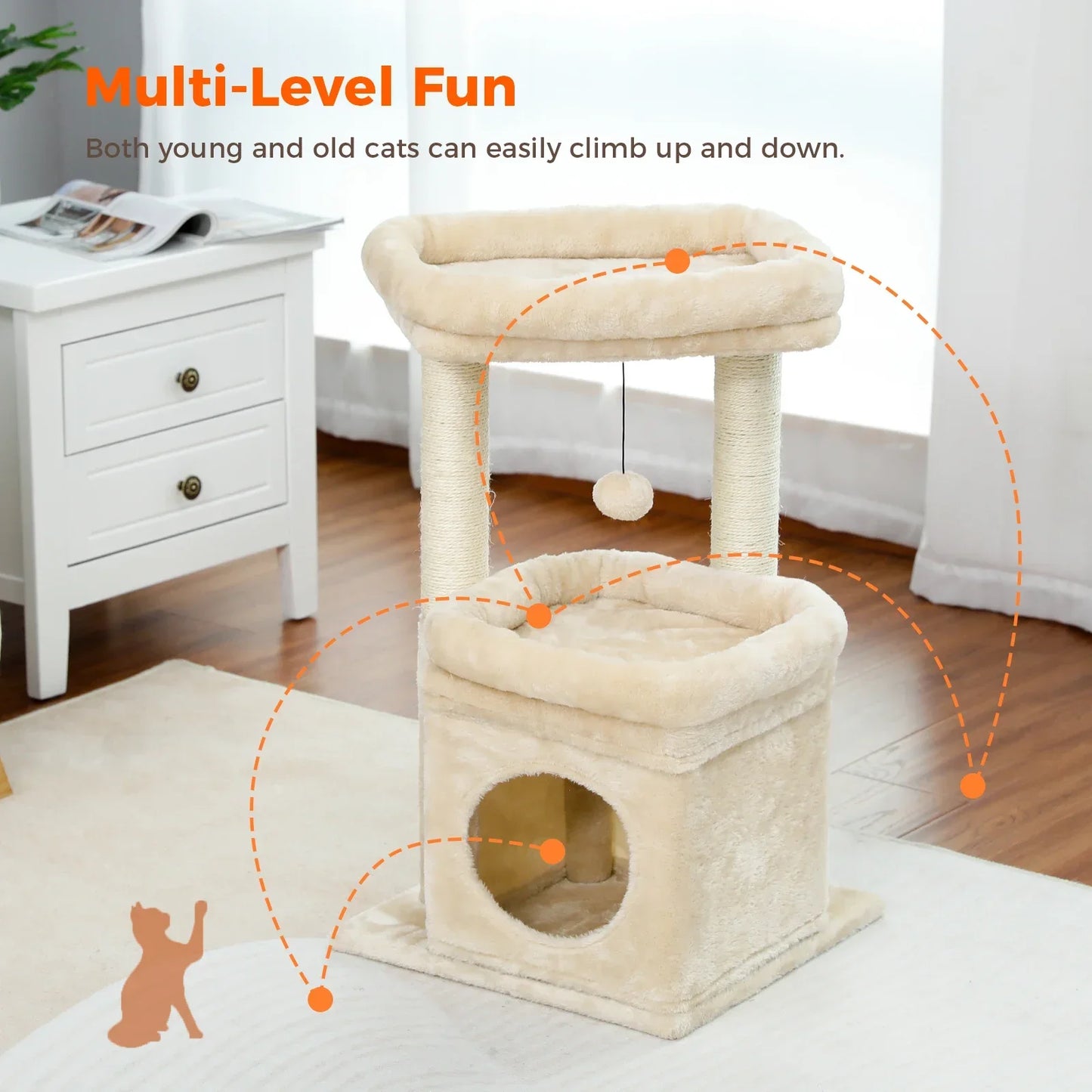 Cat Tree Cat Tower for Indoor Cats with Private Cozy Cat Condo Natural Sisal Scratching Posts and Plush Pom-pom for Small Cats