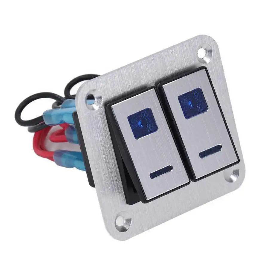 Rocker Switch Panel Blue LED Light 2 Gang On Off Switch Panel Pre Wired SPST Aluminum Alloy DC 12V-24V with DIY Sticker for rv