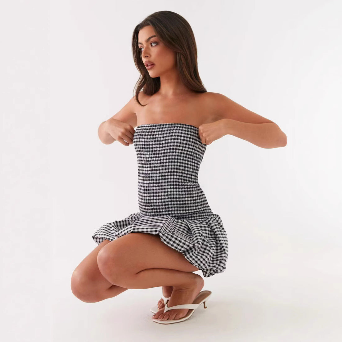 Sexy and spicy plaid strapless puffy dress