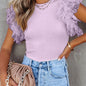 Polka Dot Ruffle Hem Mesh T-Shirt, Casual Crew Neck Short Sleeve T-Shirt For Spring & Summer, Women's Clothing