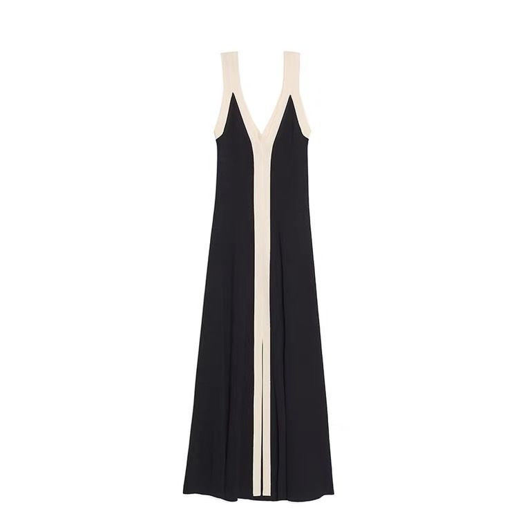 Color-blocked V-neck long strappy knitted dress