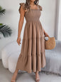 Solid-color square neck cinched waist A-line long dress