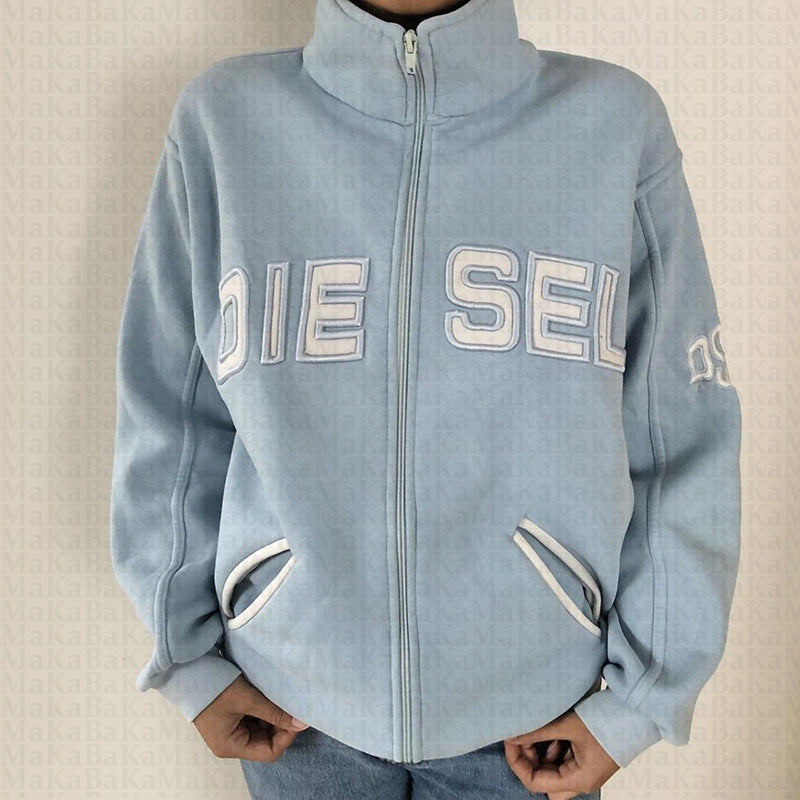 Embroidered Letter Zipper Sweatshirt
