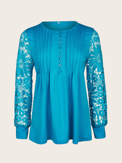 [Lace T-Shirt] Casual Lace Contrast Pleated Front Long Sleeve T-Shirt | Women's Clothing, Button V Neck