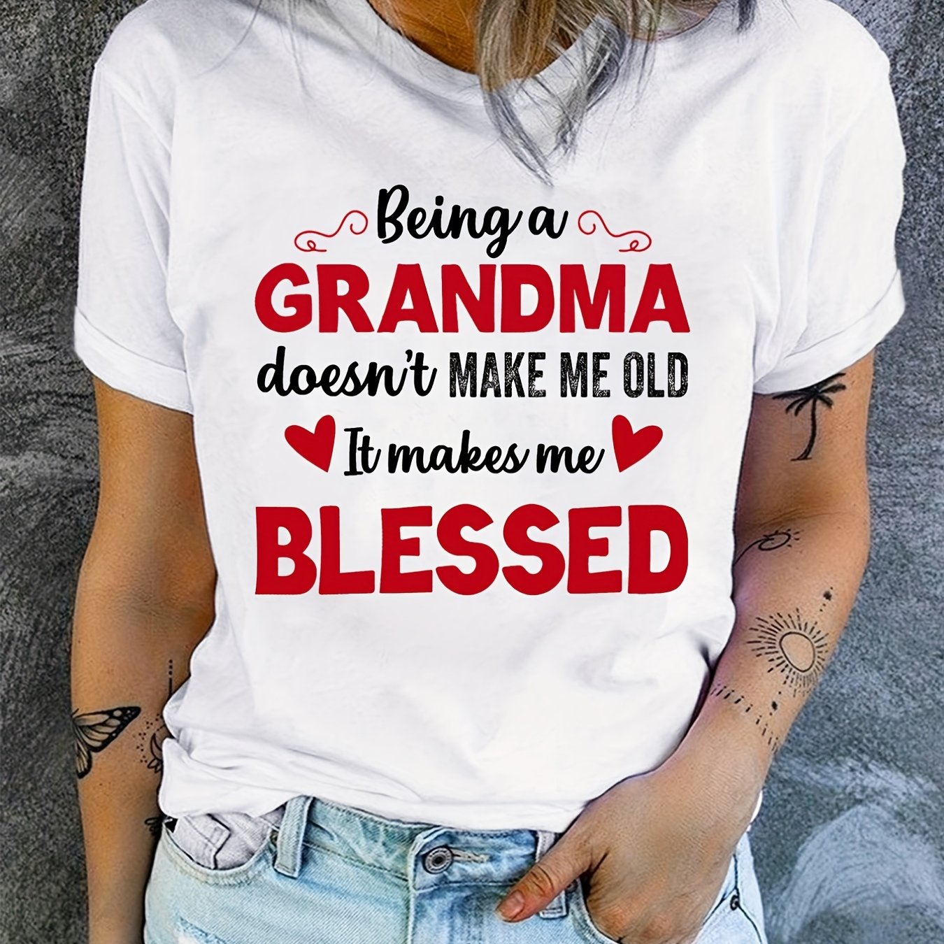 Blessed Grandma Print T-Shirt, Mother's Day Short Sleeve Crew Neck Casual Top For Spring & Summer, Women's Clothing
