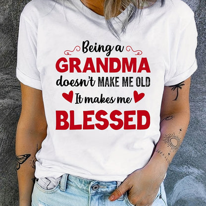 Blessed Grandma Print T-Shirt, Mother's Day Short Sleeve Crew Neck Casual Top For Spring & Summer, Women's Clothing
