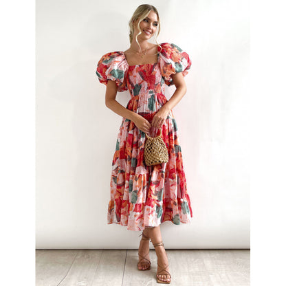 One-shoulder printed puffed-sleeve dress