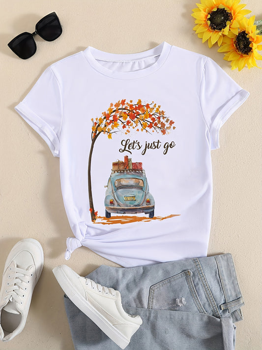 Letter & Car Print T-Shirt, Crew Neck Short Sleeve T-Shirt, Casual Every Day Tops, Women's Clothing