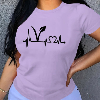 Plant Print Short Sleeve T-Shirt, Crew Neck Casual Top For Summer & Spring, Women's Clothing