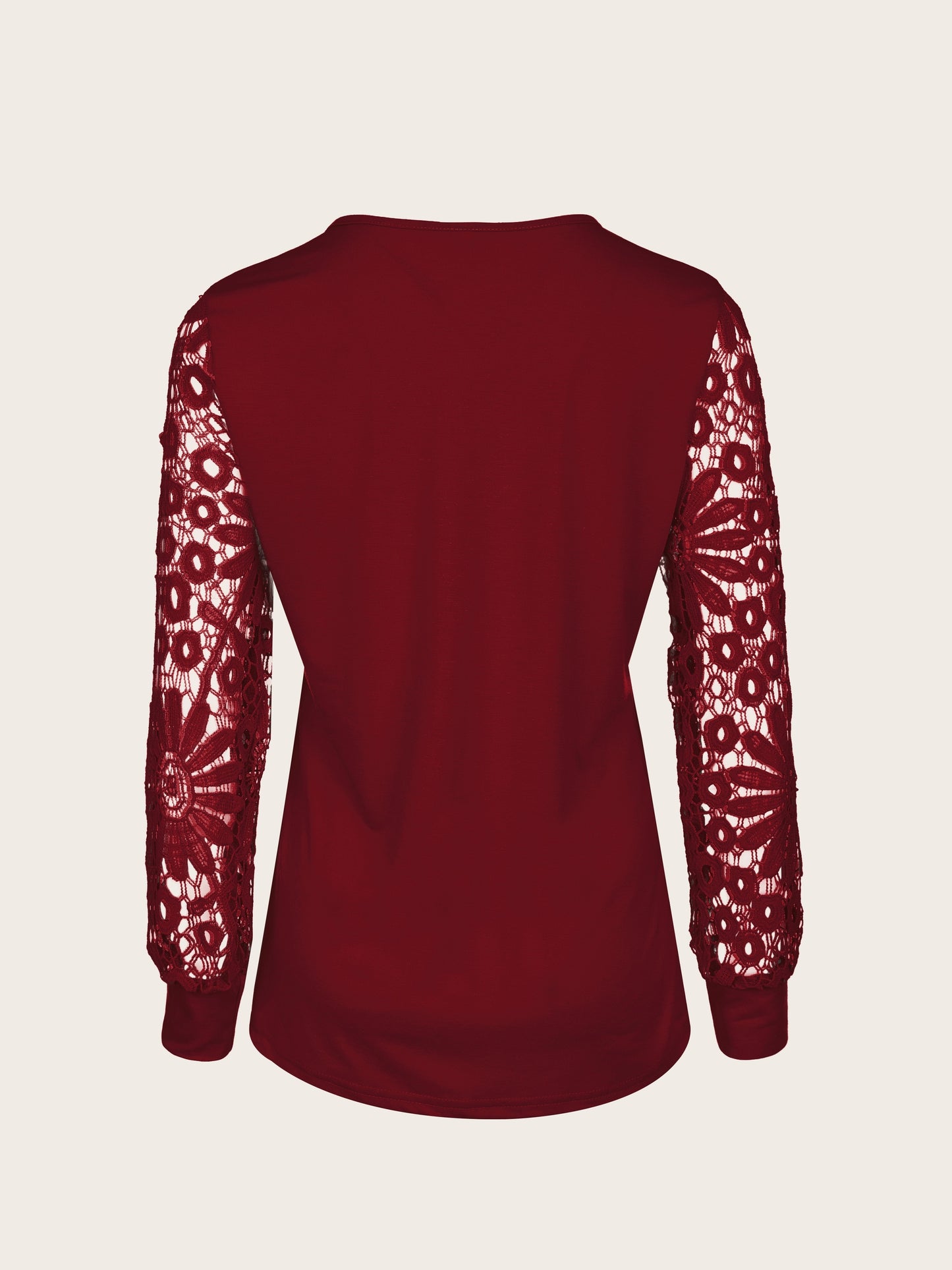[Lace T-Shirt] Casual Lace Contrast Pleated Front Long Sleeve T-Shirt | Women's Clothing, Button V Neck