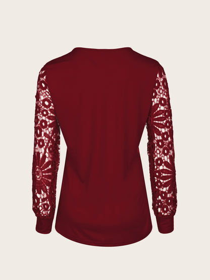 [Lace T-Shirt] Casual Lace Contrast Pleated Front Long Sleeve T-Shirt | Women's Clothing, Button V Neck