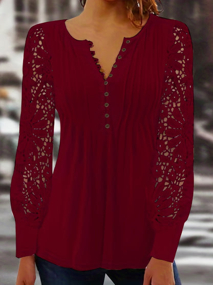 [Lace T-Shirt] Casual Lace Contrast Pleated Front Long Sleeve T-Shirt | Women's Clothing, Button V Neck
