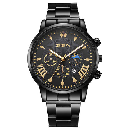 Men's Steel Band Watch Luminous Pointer Calendar Stone Hand English Watch Men's Advanced Sense Business Watch