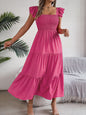 Solid-color square neck cinched waist A-line long dress