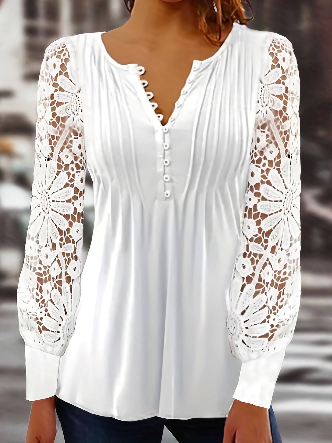 [Lace T-Shirt] Casual Lace Contrast Pleated Front Long Sleeve T-Shirt | Women's Clothing, Button V Neck