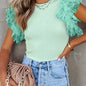 Polka Dot Ruffle Hem Mesh T-Shirt, Casual Crew Neck Short Sleeve T-Shirt For Spring & Summer, Women's Clothing