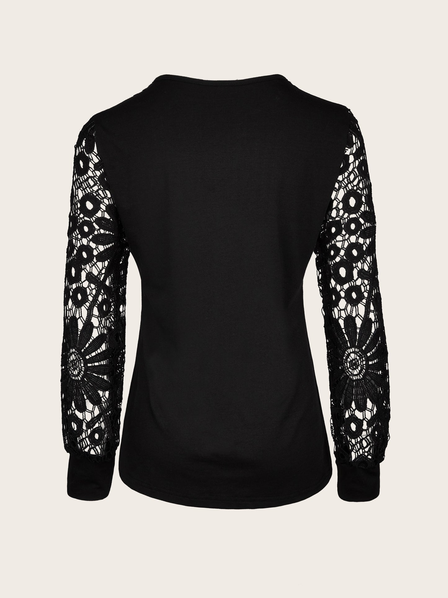 [Lace T-Shirt] Casual Lace Contrast Pleated Front Long Sleeve T-Shirt | Women's Clothing, Button V Neck