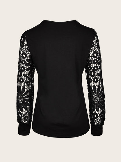 [Lace T-Shirt] Casual Lace Contrast Pleated Front Long Sleeve T-Shirt | Women's Clothing, Button V Neck