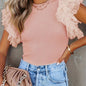 Polka Dot Ruffle Hem Mesh T-Shirt, Casual Crew Neck Short Sleeve T-Shirt For Spring & Summer, Women's Clothing