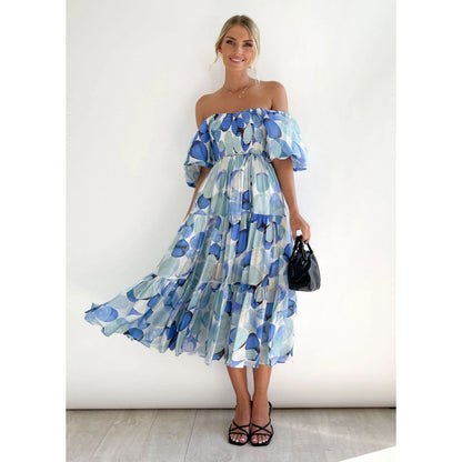 One-shoulder printed puffed-sleeve dress