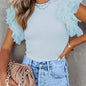Polka Dot Ruffle Hem Mesh T-Shirt, Casual Crew Neck Short Sleeve T-Shirt For Spring & Summer, Women's Clothing