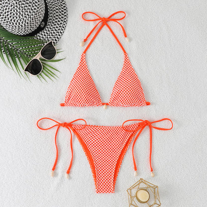 Cross-border 2025 foreign trade split bikini three-point hanging neck lace-up swimsuit fashion backless small chest gathered swimsuit