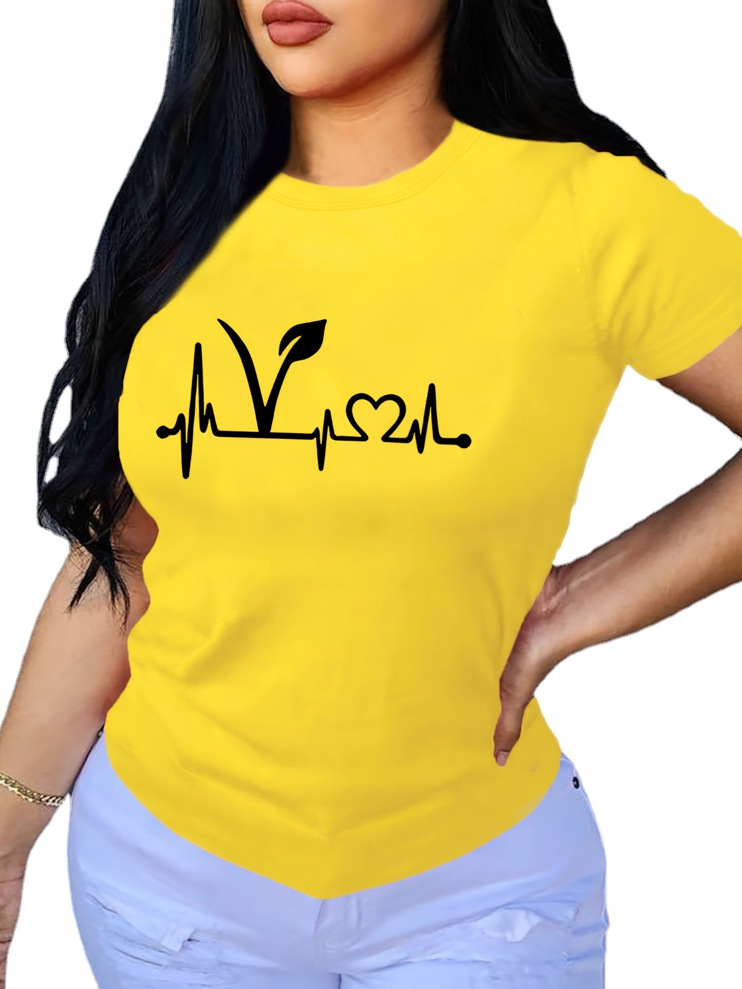 Plant Print Short Sleeve T-Shirt, Crew Neck Casual Top For Summer & Spring, Women's Clothing