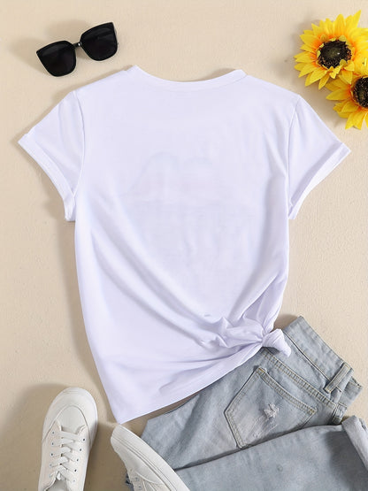 Letter & Car Print T-Shirt, Crew Neck Short Sleeve T-Shirt, Casual Every Day Tops, Women's Clothing