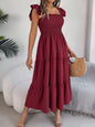 Solid-color square neck cinched waist A-line long dress