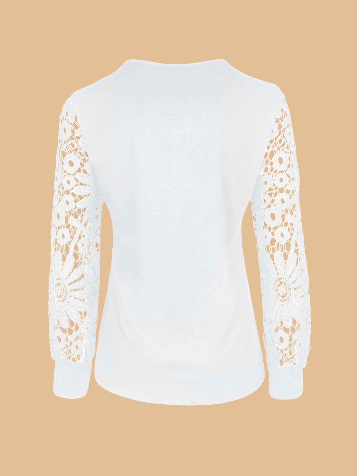 [Lace T-Shirt] Casual Lace Contrast Pleated Front Long Sleeve T-Shirt | Women's Clothing, Button V Neck