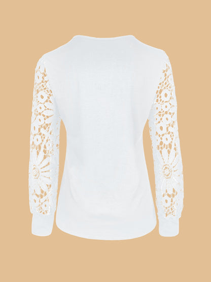 [Lace T-Shirt] Casual Lace Contrast Pleated Front Long Sleeve T-Shirt | Women's Clothing, Button V Neck