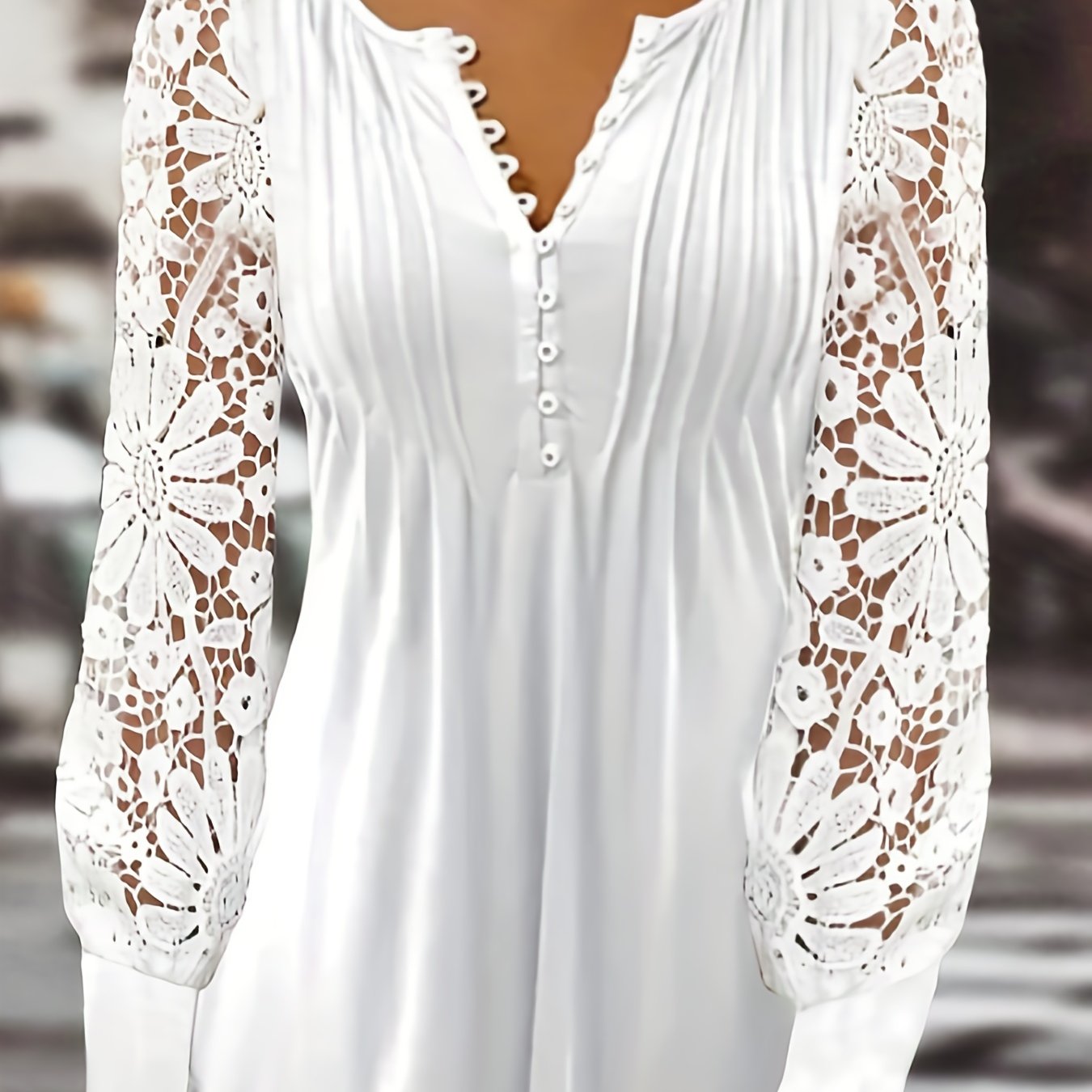 [Lace T-Shirt] Casual Lace Contrast Pleated Front Long Sleeve T-Shirt | Women's Clothing, Button V Neck