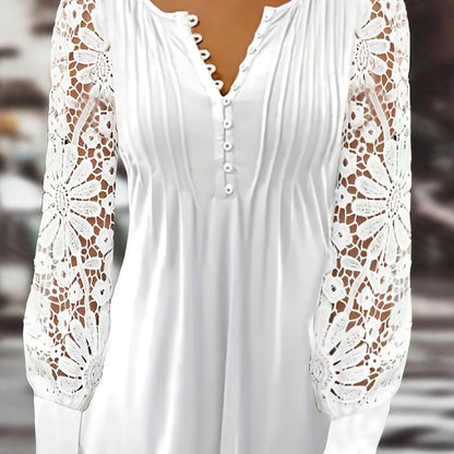 [Lace T-Shirt] Casual Lace Contrast Pleated Front Long Sleeve T-Shirt | Women's Clothing, Button V Neck