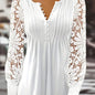 [Lace T-Shirt] Casual Lace Contrast Pleated Front Long Sleeve T-Shirt | Women's Clothing, Button V Neck