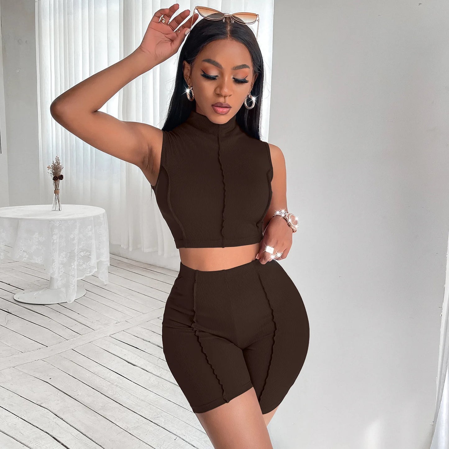 ANSZKTN Women 2 Piece Set Summer Sleeveless O-Neck Vest Tracksuit Casual Crop Top Shorts Set