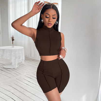ANSZKTN Women 2 Piece Set Summer Sleeveless O-Neck Vest Tracksuit Casual Crop Top Shorts Set