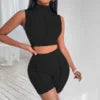 ANSZKTN Women 2 Piece Set Summer Sleeveless O-Neck Vest Tracksuit Casual Crop Top Shorts Set