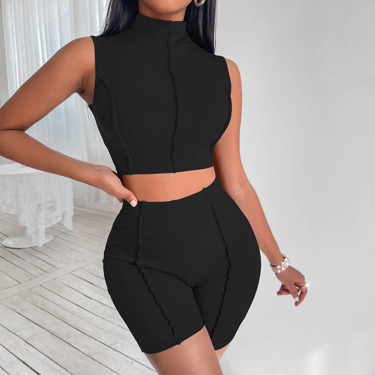 ANSZKTN Women 2 Piece Set Summer Sleeveless O-Neck Vest Tracksuit Casual Crop Top Shorts Set