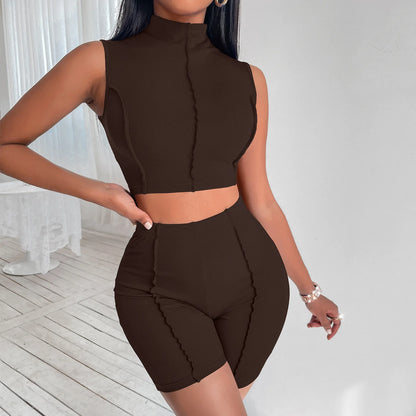 ANSZKTN Women 2 Piece Set Summer Sleeveless O-Neck Vest Tracksuit Casual Crop Top Shorts Set