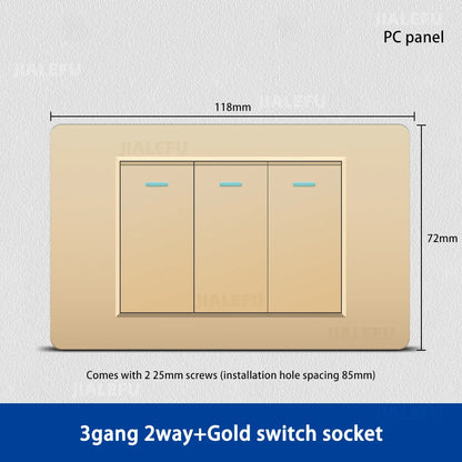 DELEFU 118*72mm PC Panel Parallel 3gang 2way Grey Black White Gold Wall Switch