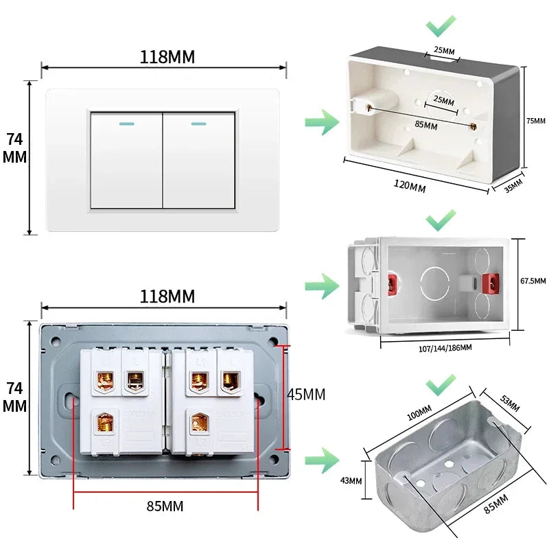 Shawader White Black Gray 16A 118*72 US Brazil Italy Light Switch,PC Panel 1/2/3gang 1/2way Switch on Off,Wall Electrical Outlet