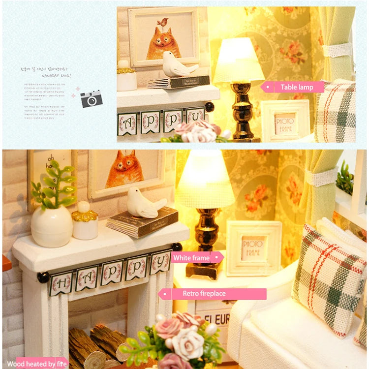 Kitten Mini Wooden Doll House Model Building Kits Toy Home Kit Creative Room Bedroom Decoration with Furniture For Birthday Gift