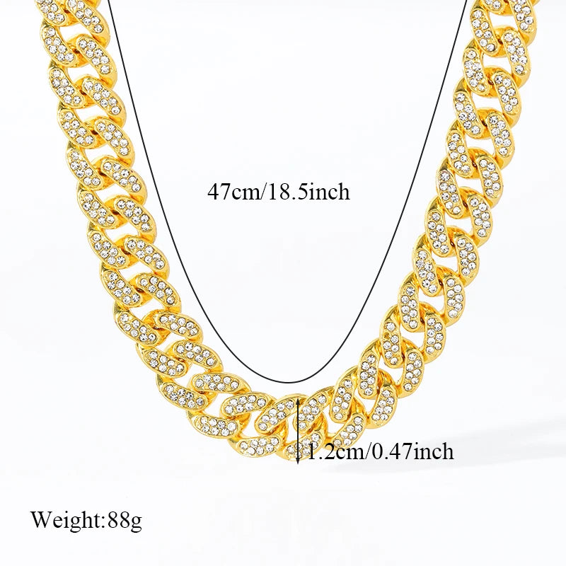 GANEMLY Thick Cuban Chain Rhinestone Necklace Bracelet Set For Women Men New Trendy Punk 18K Gold Plated Waterproof Jewelry Set