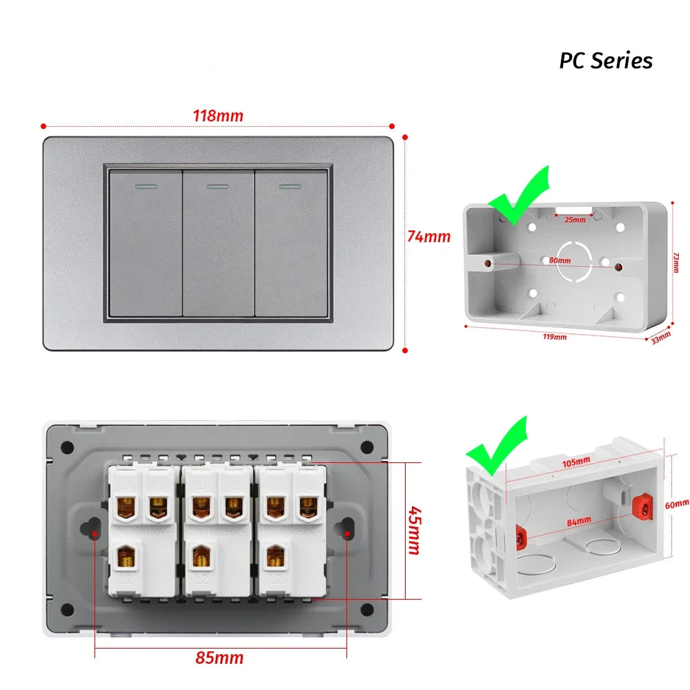 Melery 1/2/3gang 1way 2way Black PC Panel Brazil USA Italy Mexico 250V 16A Standard 118mm light Wall Switch On Off Push Button