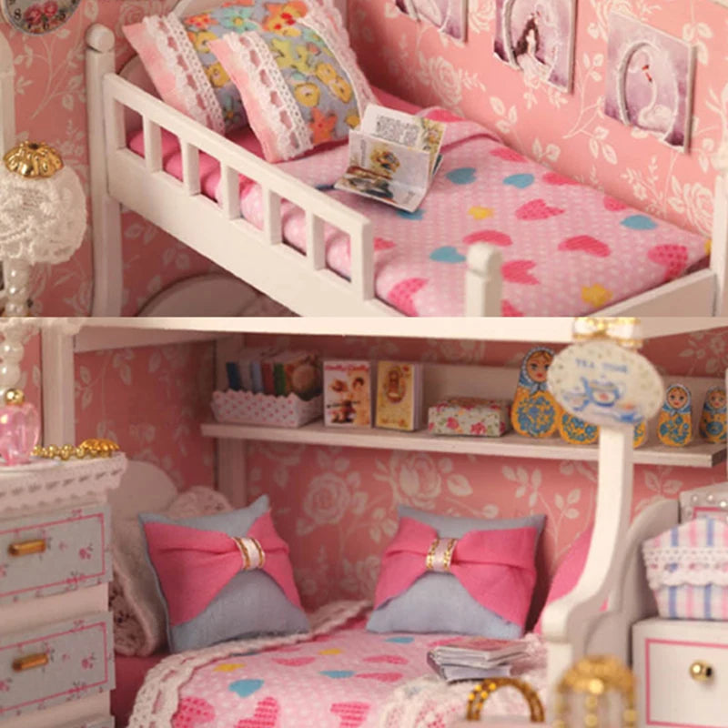 Kitten Mini Wooden Doll House Model Building Kits Toy Home Kit Creative Room Bedroom Decoration with Furniture For Birthday Gift