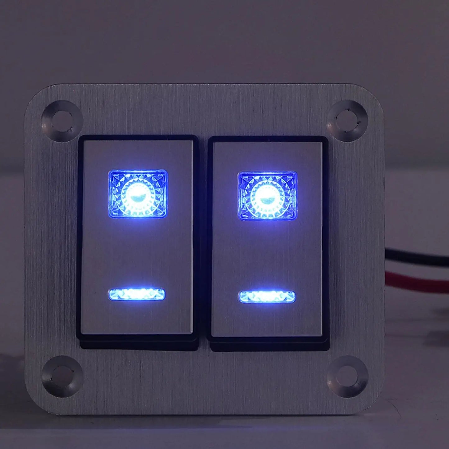 Rocker Switch Panel Blue LED Light 2 Gang On Off Switch Panel Pre Wired SPST Aluminum Alloy DC 12V-24V with DIY Sticker for rv