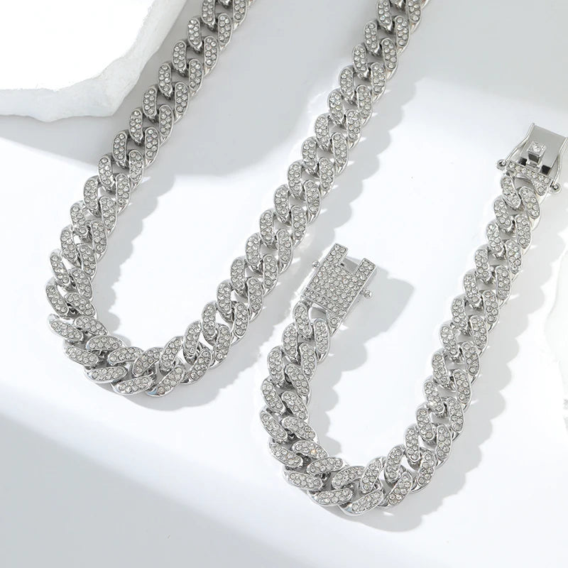 GANEMLY Thick Cuban Chain Rhinestone Necklace Bracelet Set For Women Men New Trendy Punk 18K Gold Plated Waterproof Jewelry Set